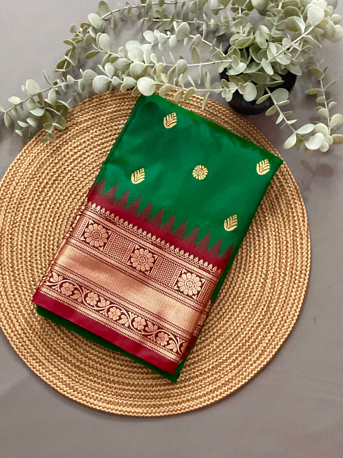 Green Kanchipuram Silk Saree – Red Contrast Pallu & Red Heavy Border with Blouse