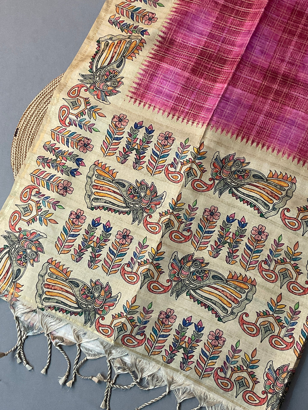 Kalamkari Hand Block Printed Handloom Silk Saree in Pink with Designer Pallu & Blouse