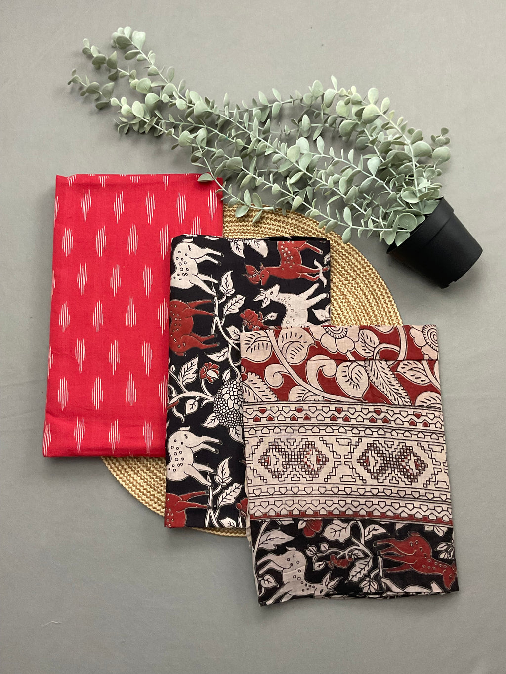 Red Pochampally ikkat cotton dress material with black Kalamkari dupatta and bottom - full 3 piece set