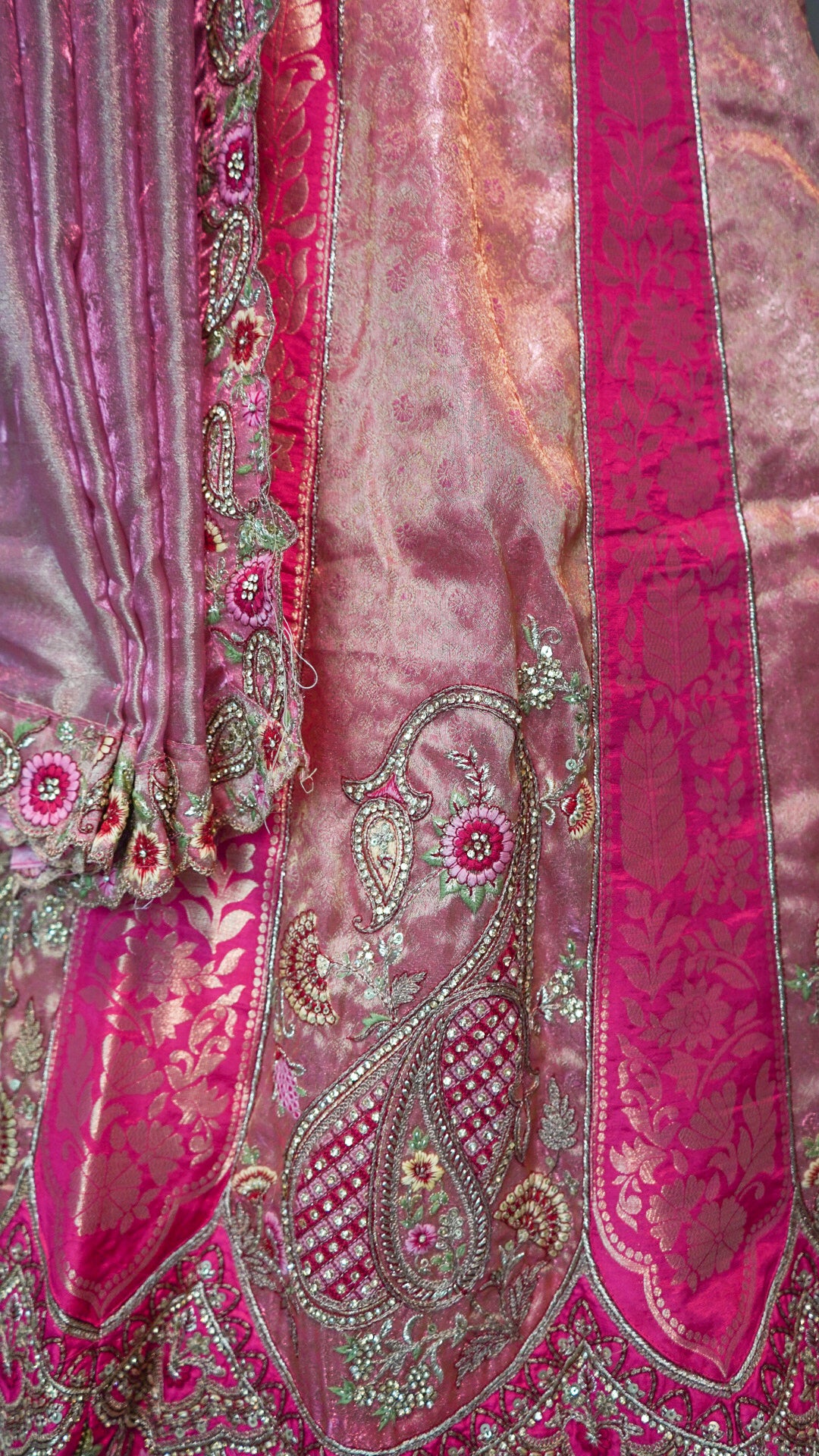 Coral Peach Handloom Tissue Silk Bridal Lehenga with Zari Bird Motif Embroidery