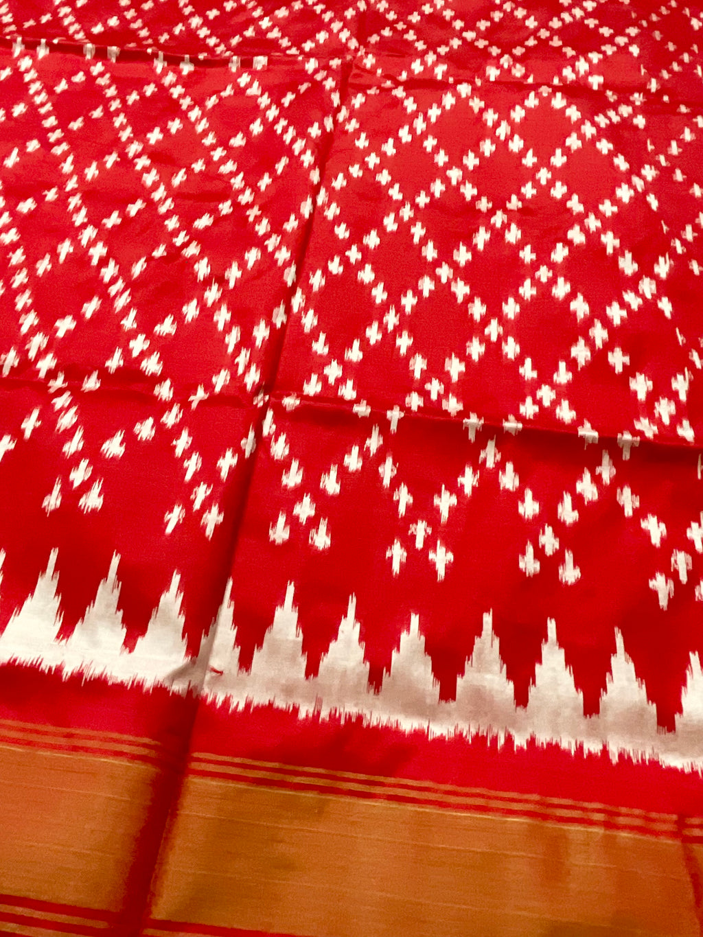 Red Pochampally Double Ikat Silk Saree — Self Red Patola Border & Pallu