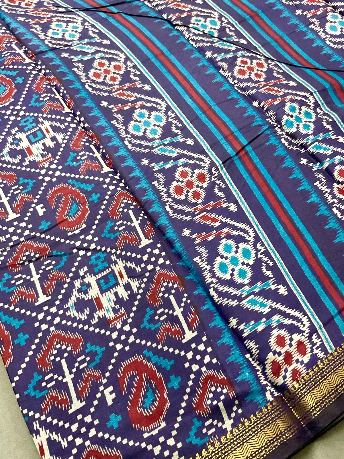 Patola Printed Soft Silk Saree in Deep Blue with Designer Patola Pallu and Gold Zari