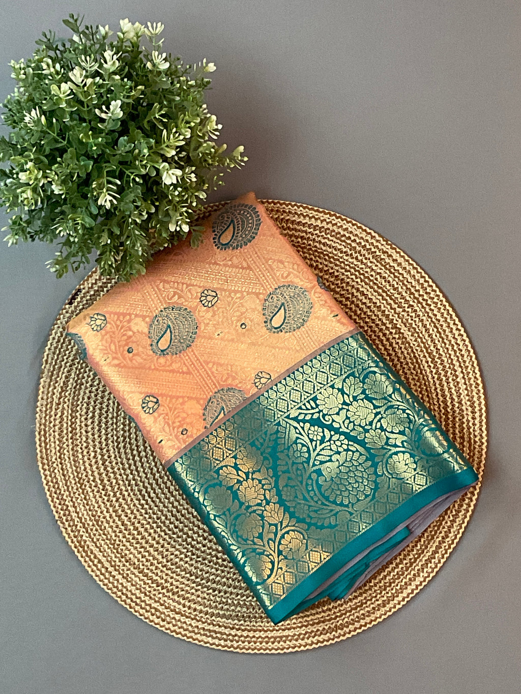Orange Kanchipattu Silk Saree with Contrast Green Border & Pallu