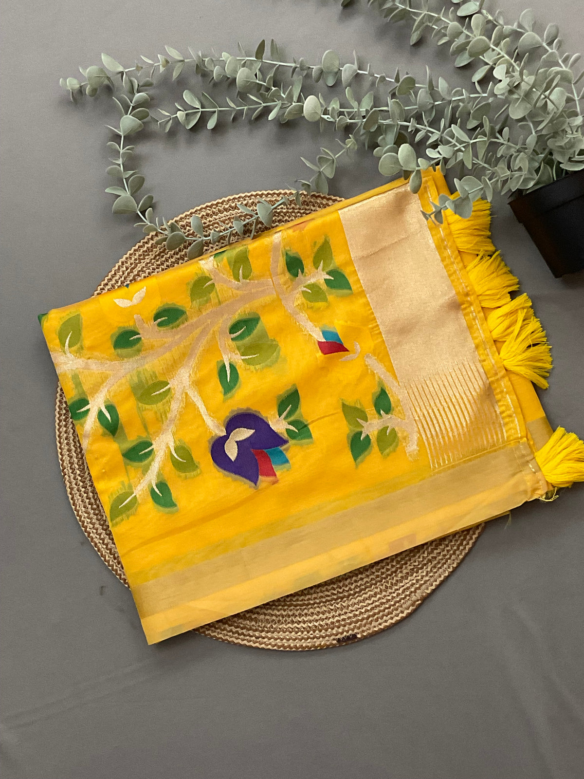 Vibrant Yellow Jamdani Silk Saree with Paithani-Style Mustard Pallu with blouse
