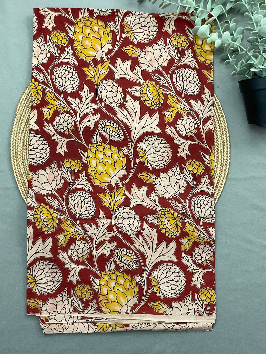 Red Kalamkari printed bottom fabric for mustard ikkat suit set