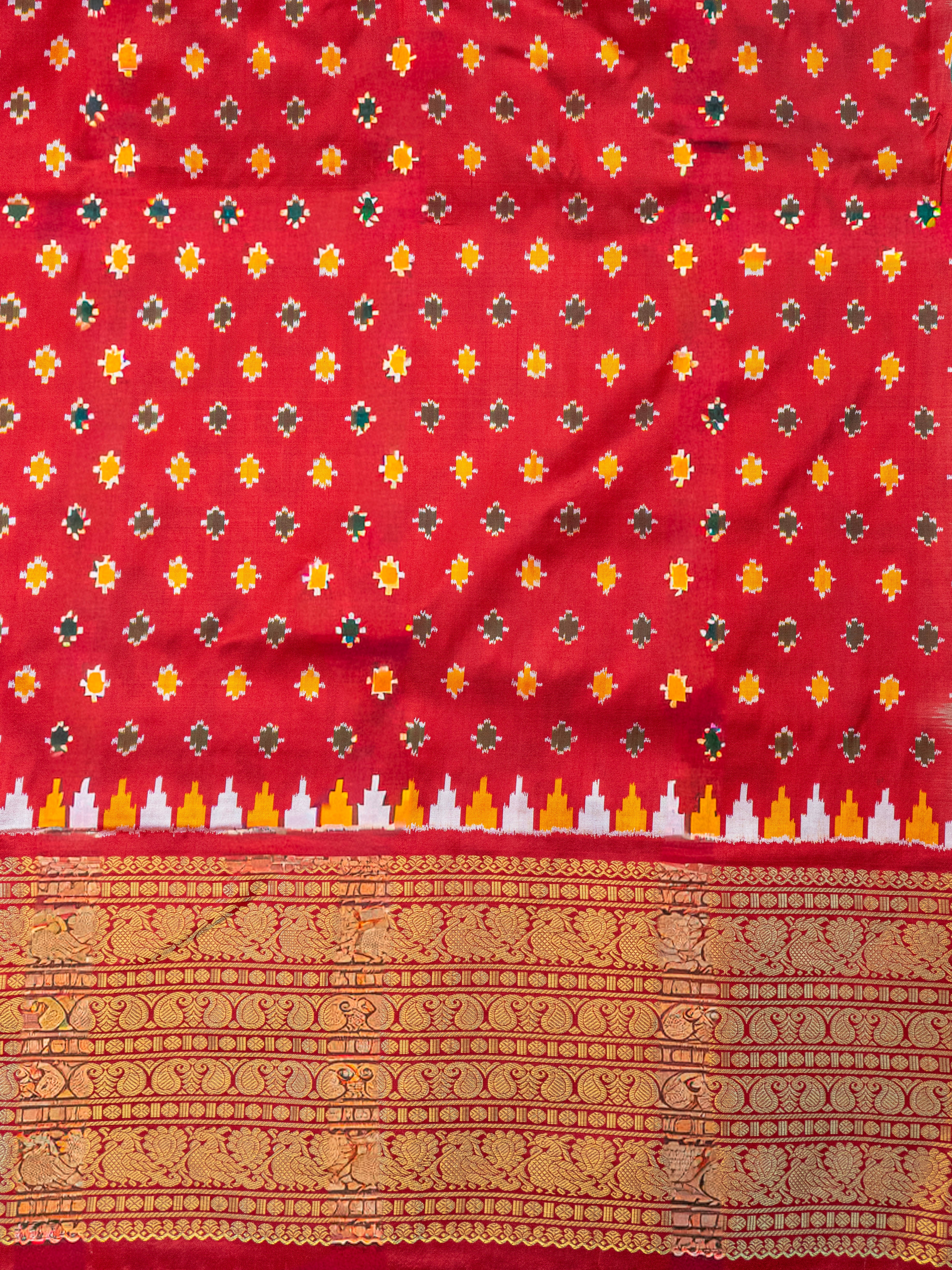 Signature Kanchipuram Pochampally Double Ikat Silk Saree in White with Red Zari Pallu