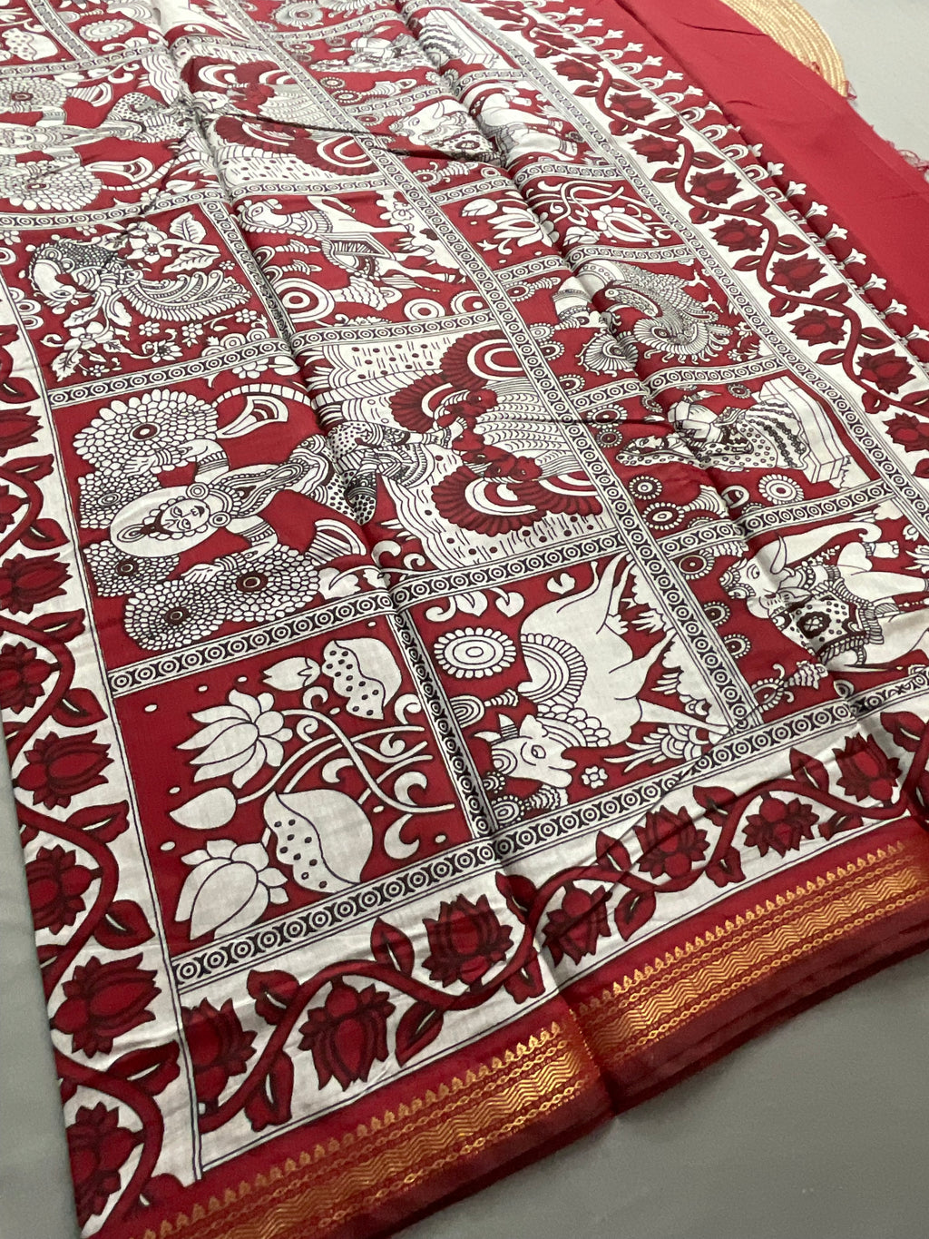 Pedana Kalamkari Hand-Block Soft Silk Saree in Deep Mustard with Red Designer Pallu & Gold Border
