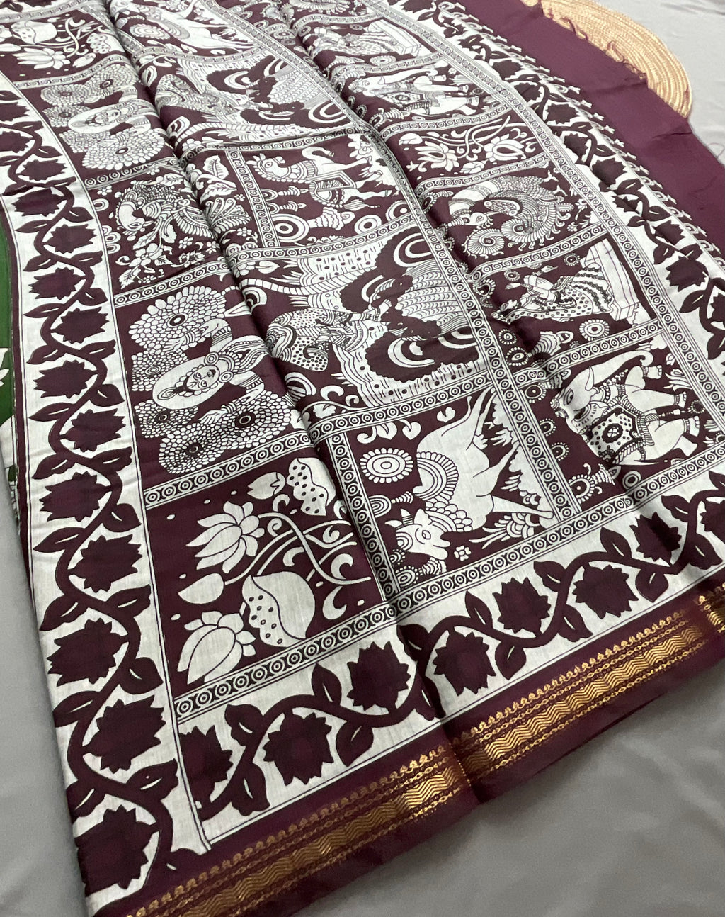 Pedana Kalamkari Hand-Block Soft Silk Saree in Deep Green with Maroon Designer Pallu & Gold Border