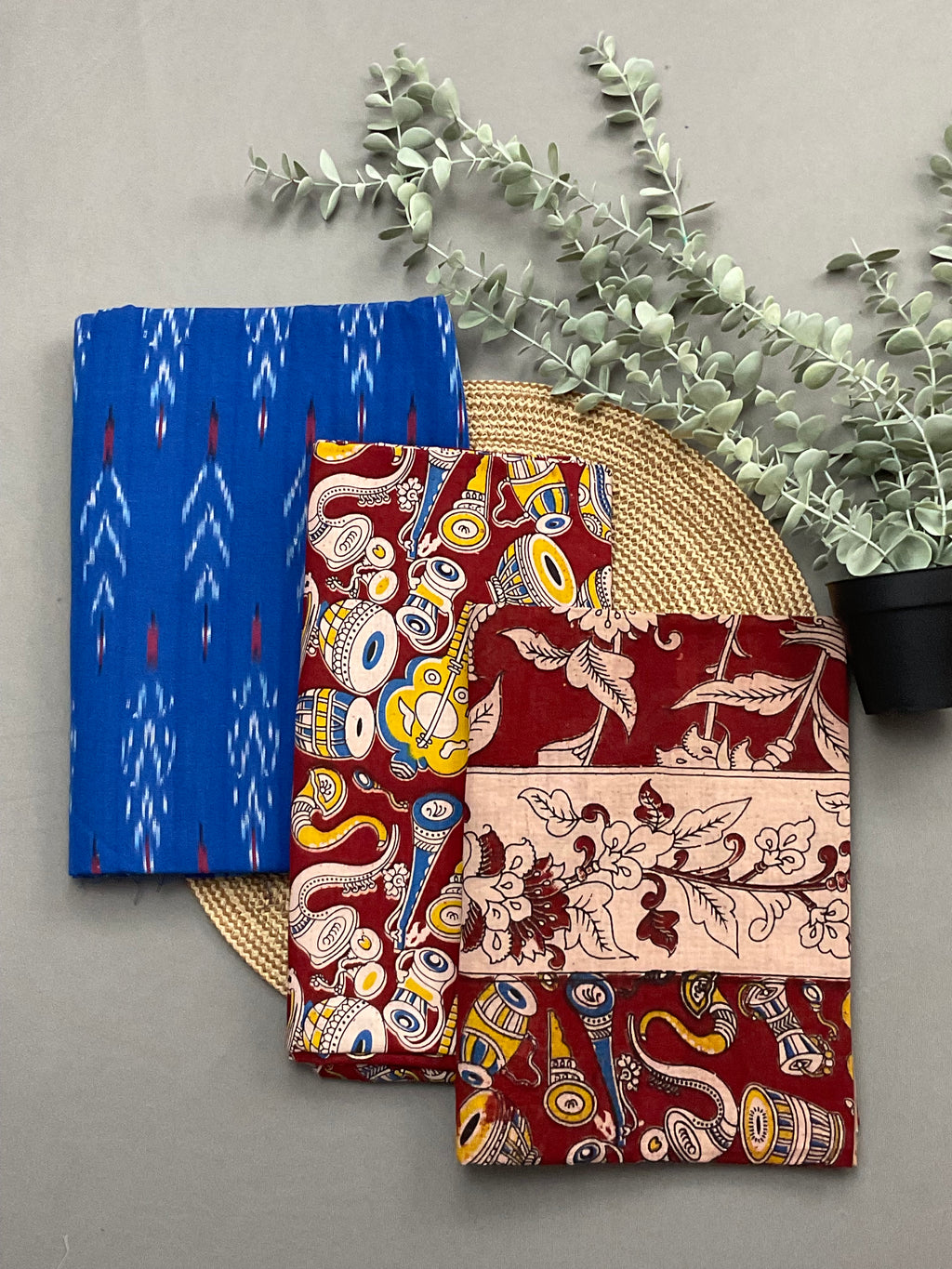 Blue Pochampally ikkat cotton dress material with red Kalamkari dupatta and bottom - full 3 piece set