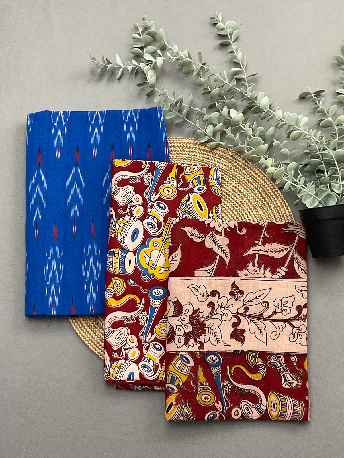 Blue Pochampally ikkat cotton dress material with red Kalamkari dupatta and bottom - full 3 piece set