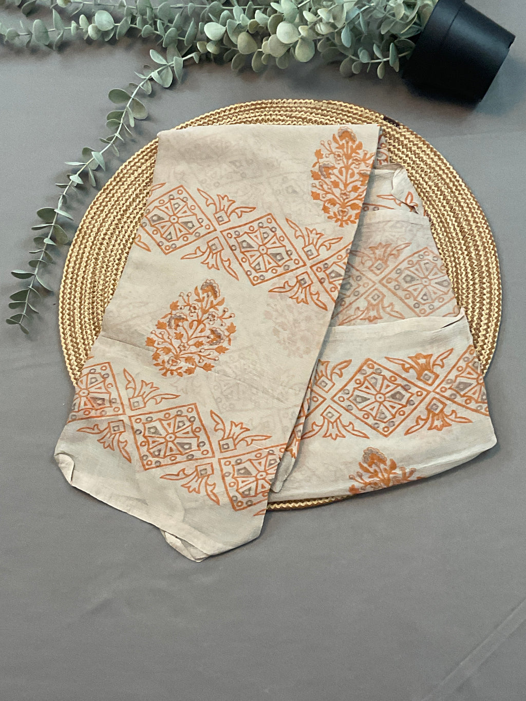 Mustard & White Pochampally Cotton Dress Material with Hand-Block Georgette Dupatta – Unstitched 3-Piece Suit