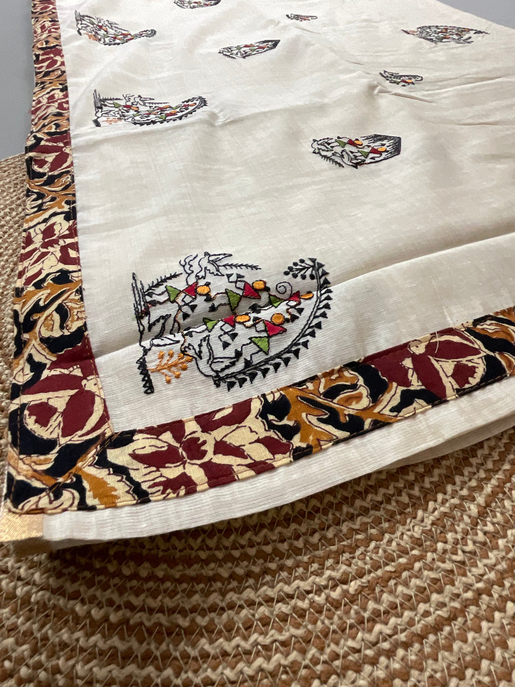 Kalamkari Handwork Cotton Linen Saree in Black with Attached Kalamkari Border, Running Pallu & Designer Blouse