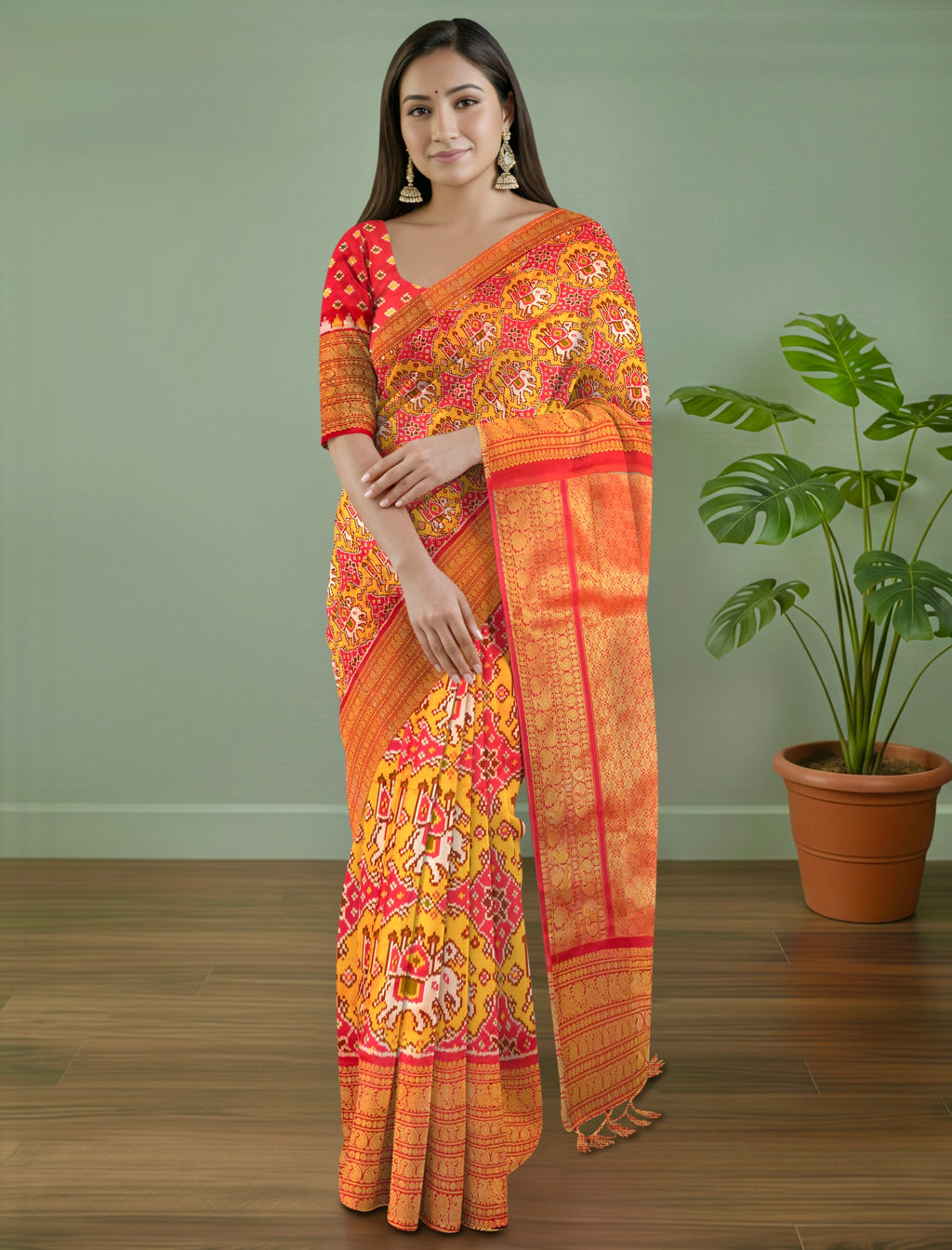 Pure Pochampally Ikat Silk Saree in Orange with Animal Motifs, Kanjivaram Border & Red Zari Pallu