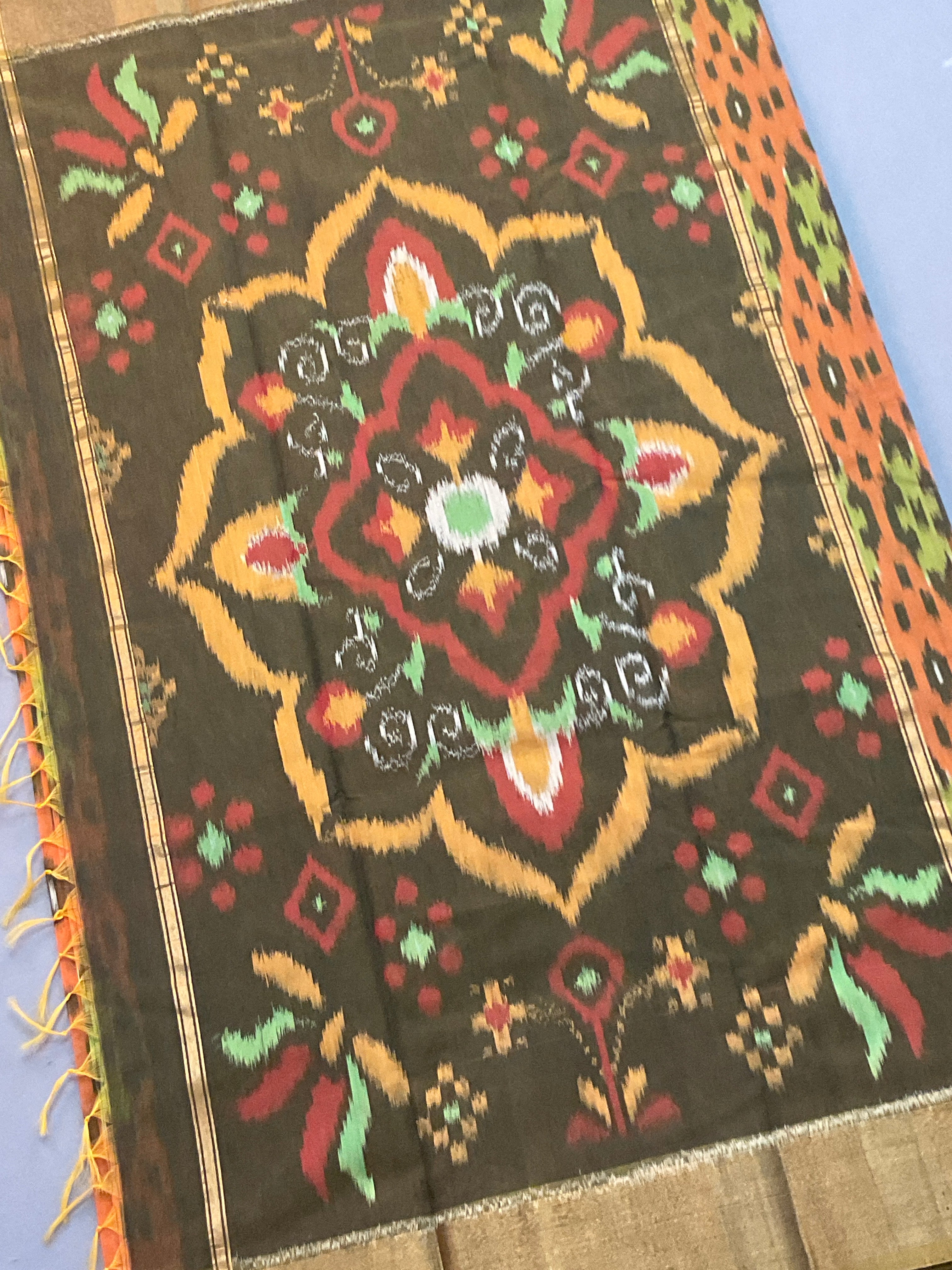 Orange & Green Pochampally Sico Silk Saree