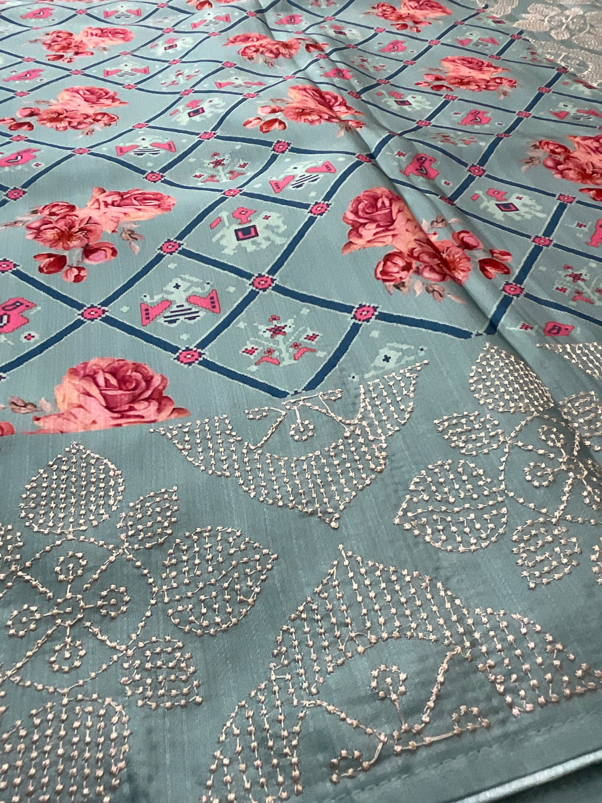 Sky Blue Printed Silk Saree with Ikat and Floral Motifs