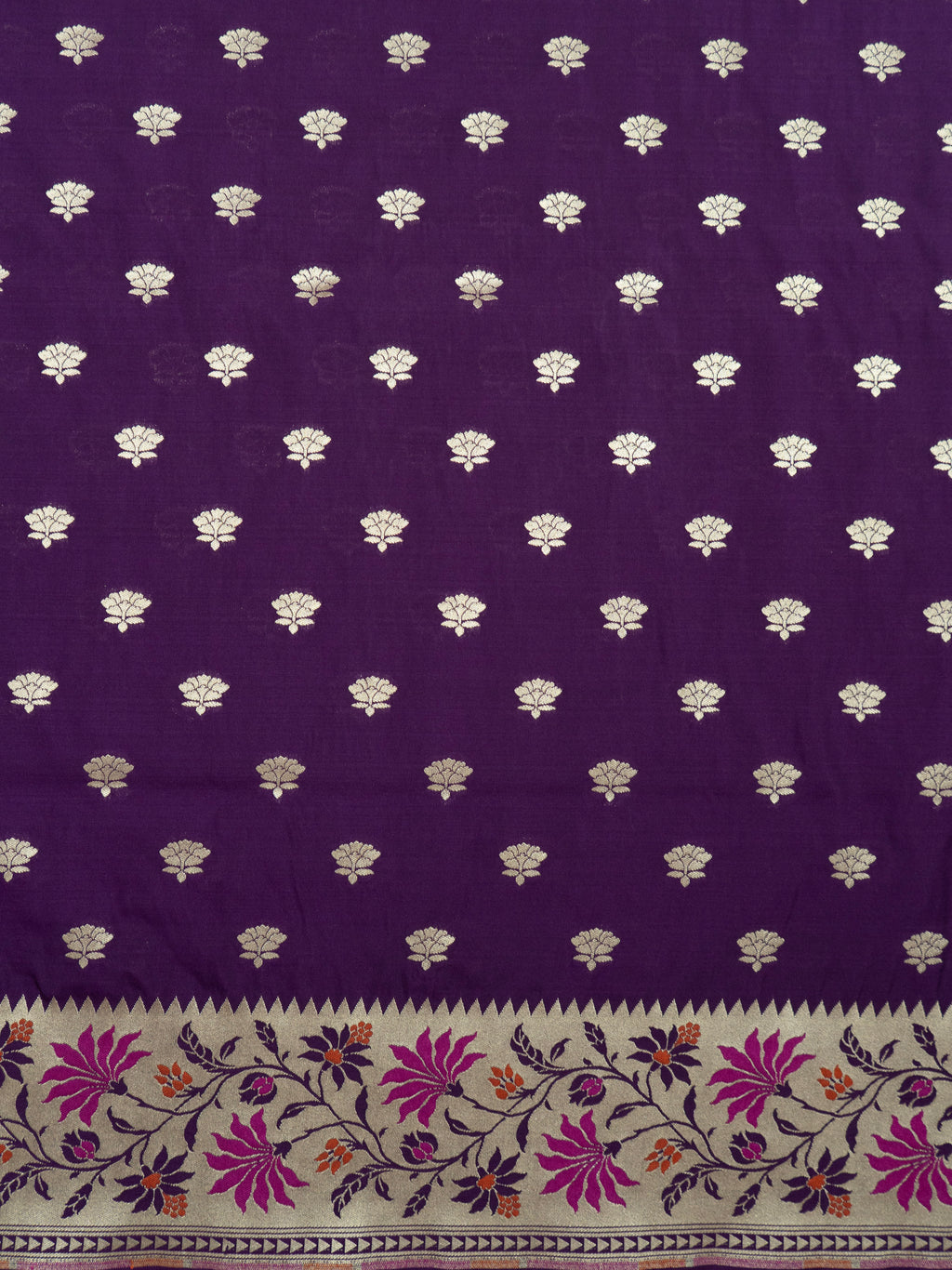 Pure Banarasi Katan Silk Saree in Deep Violet with Multicolor Floral Zari & Rich Zari Pallu