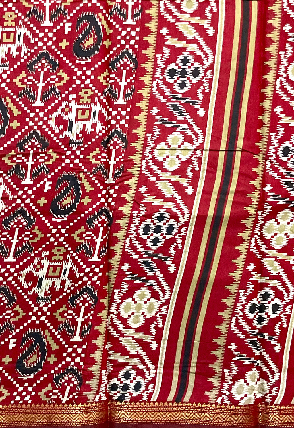 Patola Printed Soft Silk Saree in Red with Designer Patola Pallu and Gold Zari