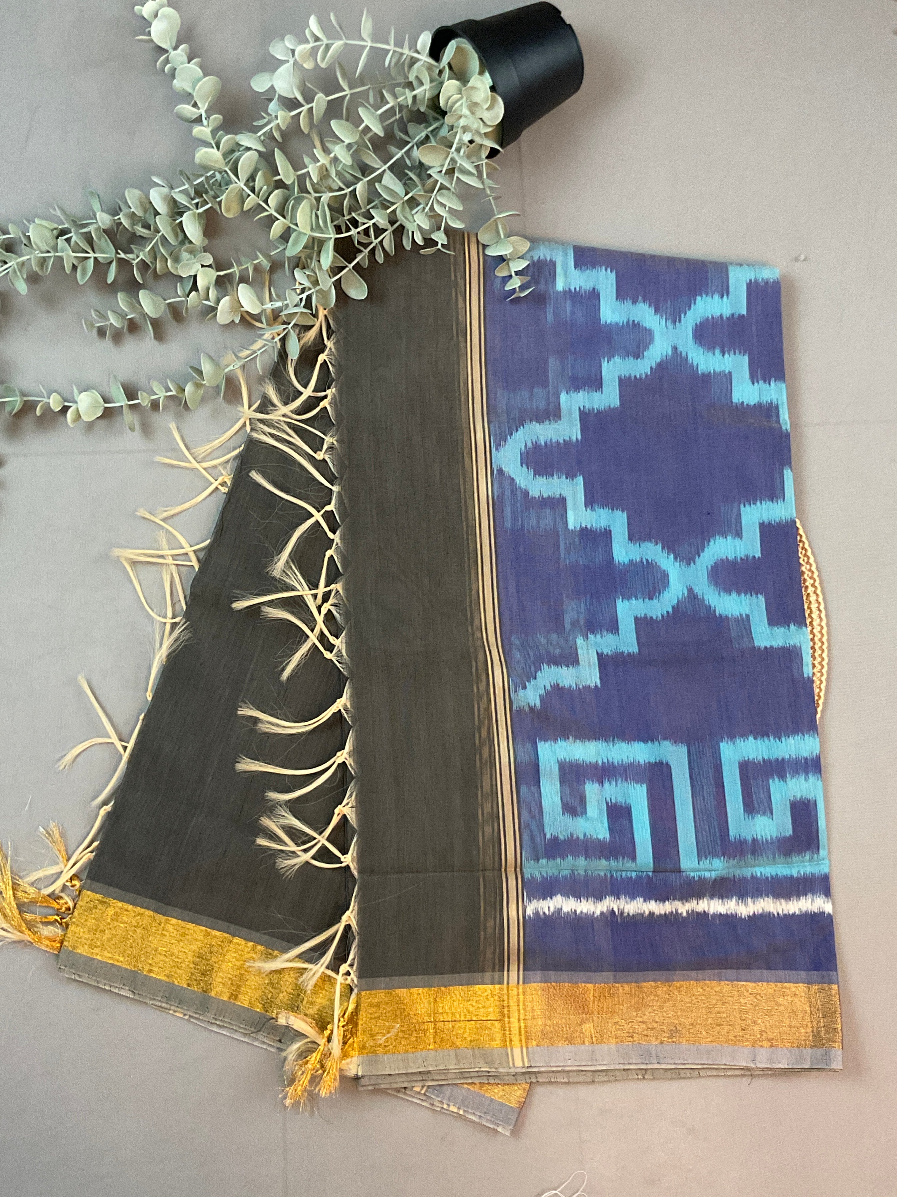 Blue Sico Silk Pochampally Dress Material