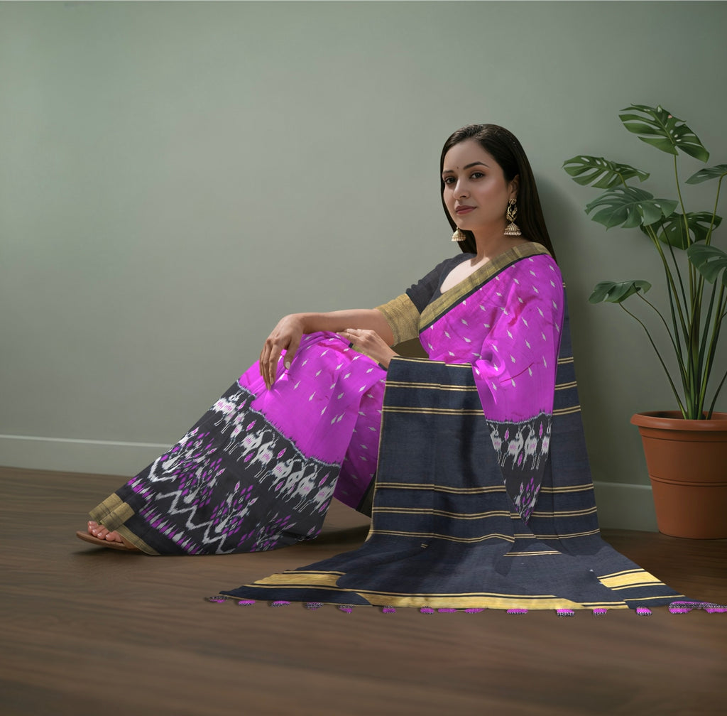 Pure Pochampally Double Ikat Pink Silk Saree with Black Designer Ikat Pallu & Gold Zari Border