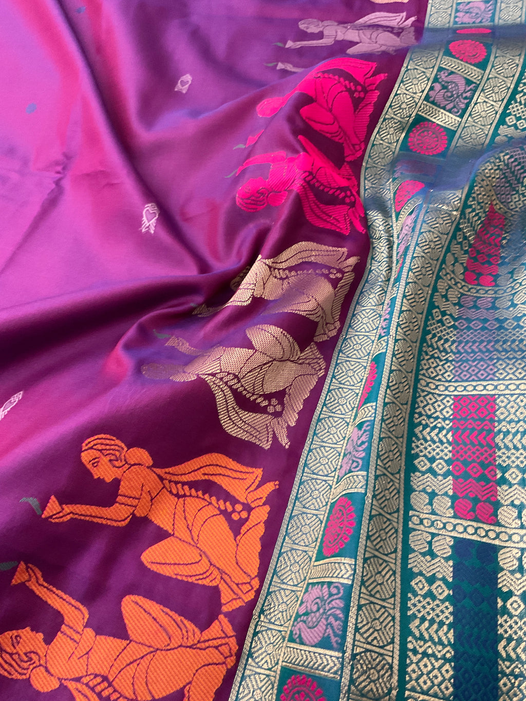 Vibrant Purple Jamdani Silk Saree with Temple Border and Blue-Green Pallu