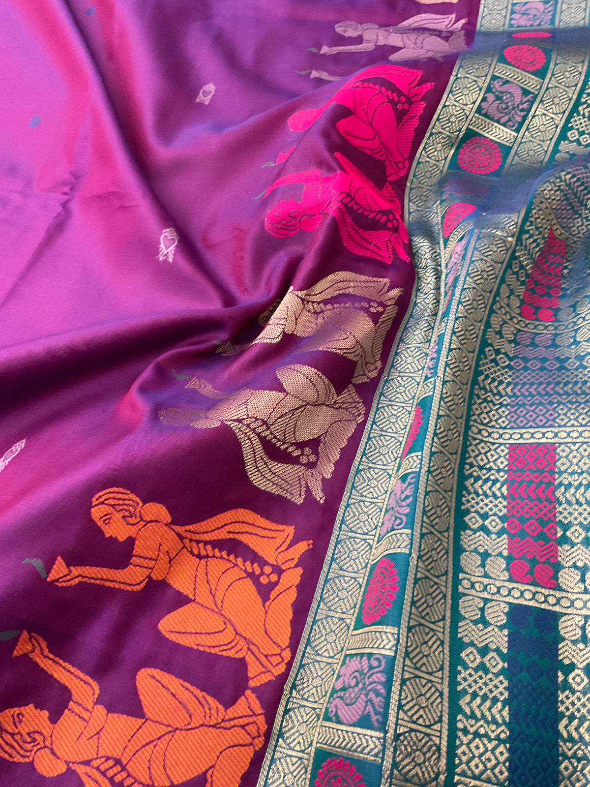 Vibrant Purple Jamdani Silk Saree with Temple Border and Blue-Green Pallu