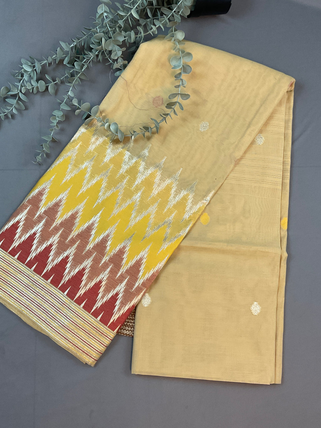 Red & Mustard Pochampally Dress Material