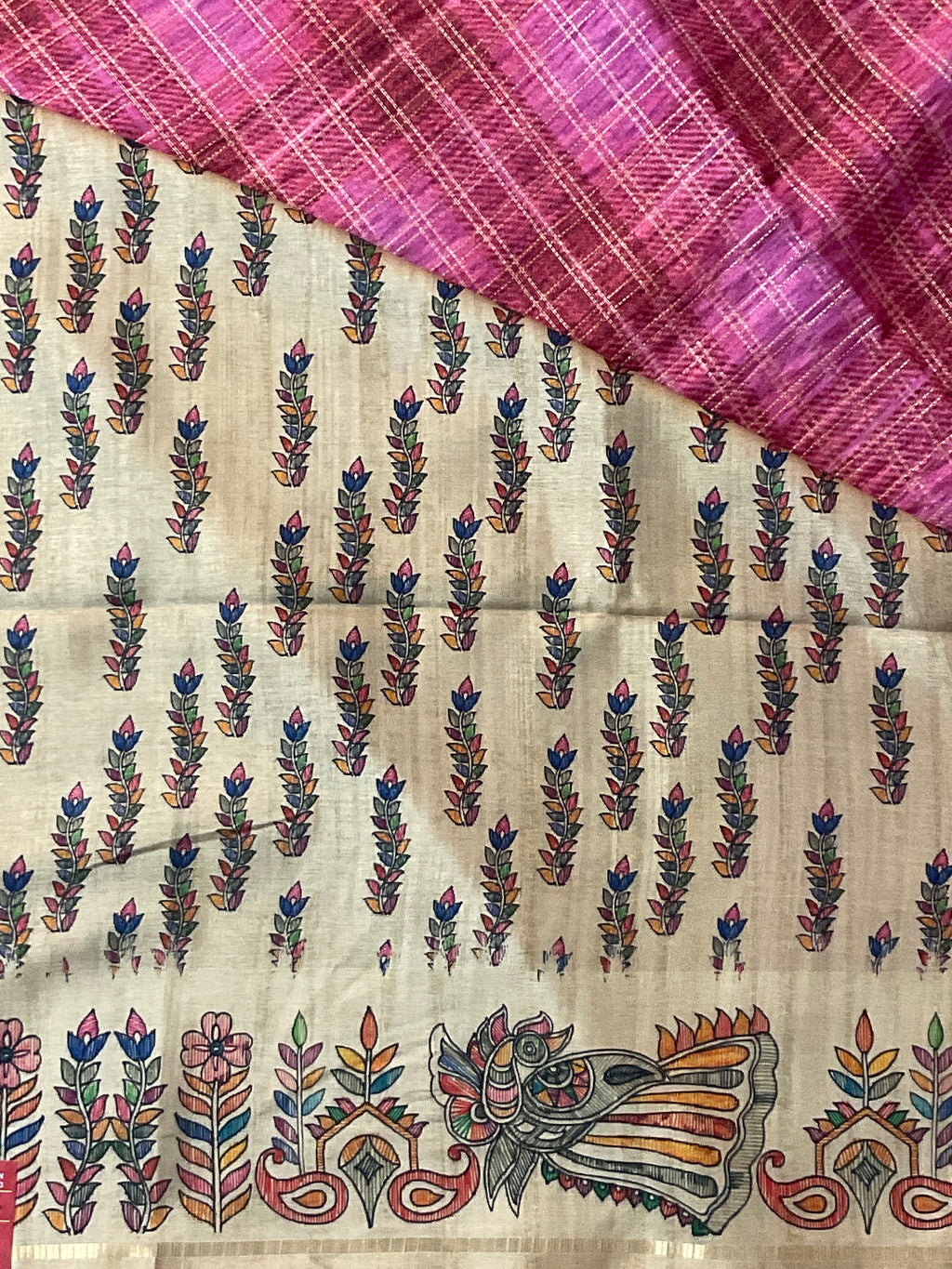 Kalamkari Hand Block Printed Handloom Silk Saree in Pink with Designer Pallu & Blouse