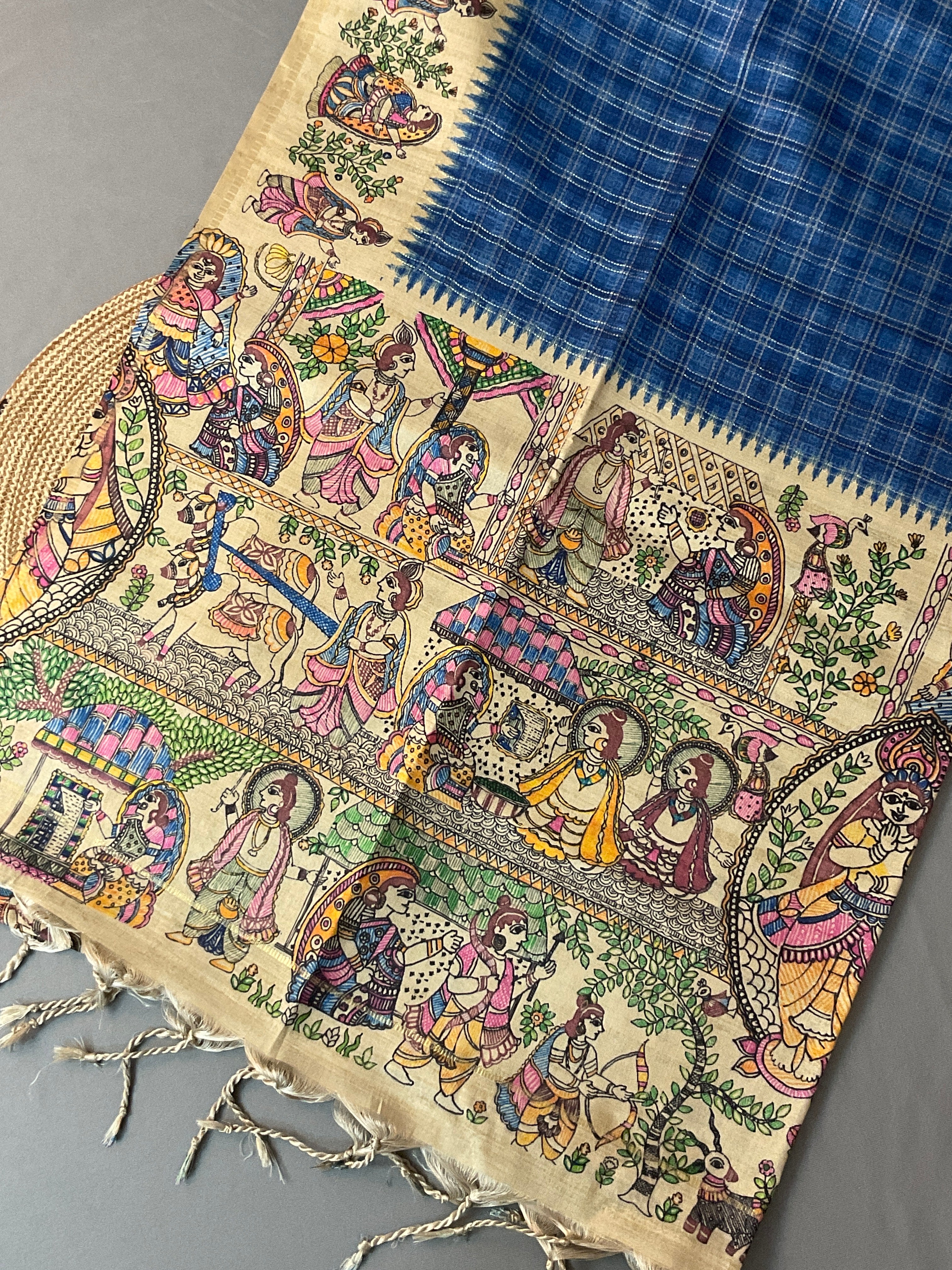 Kalamkari Hand Block Printed Handloom Silk Saree in Blue with Designer Pallu & Blouse