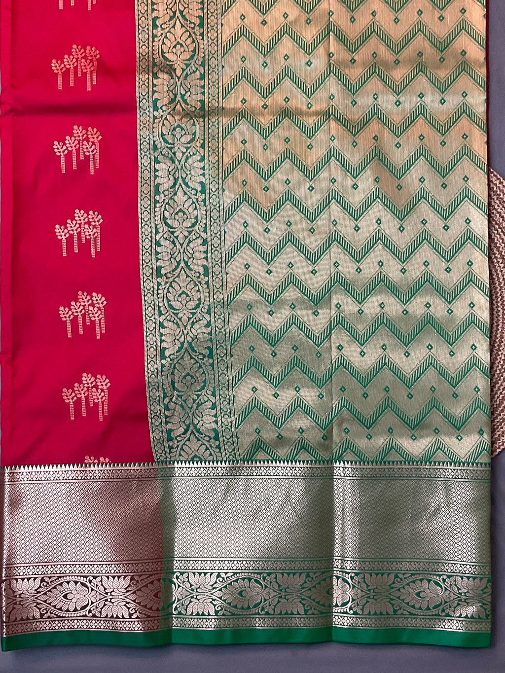 Kanchipuram Pattu Silk Saree in Red with Contrast Pallu & Kanchi Border Blouse