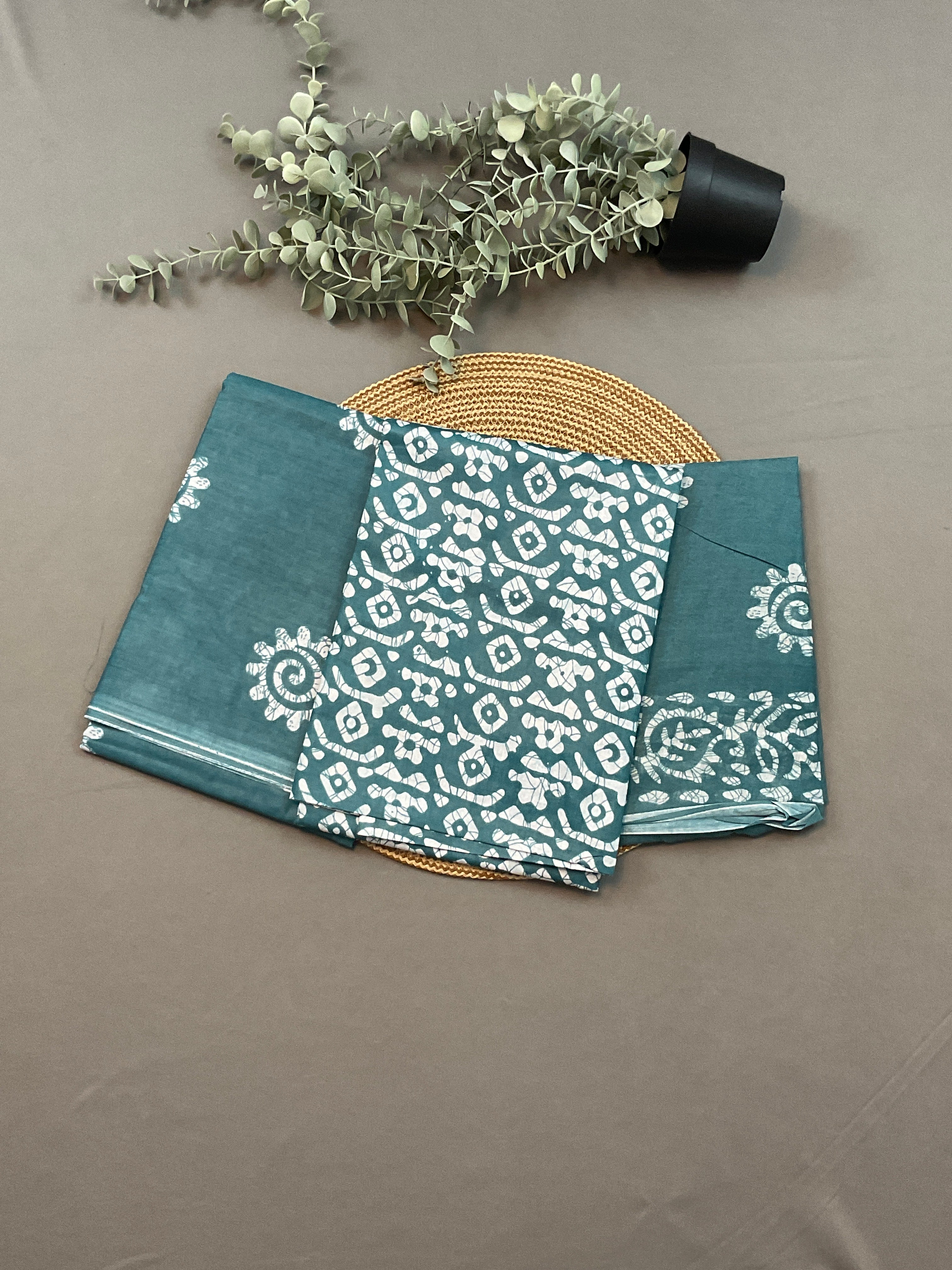 Sky Blue Hand Batik Print Cotton Dress Material – Unstitched 3-Piece Suit