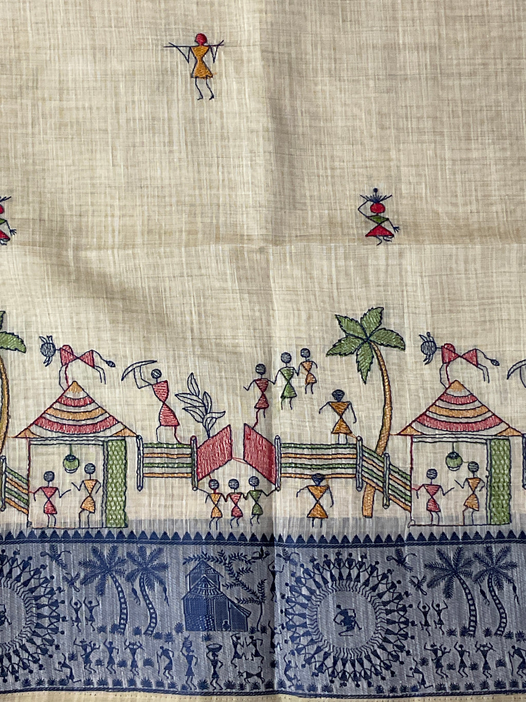 Warli Weaving Border Cotton Linen Saree in Royal Blue with Lined Pallu