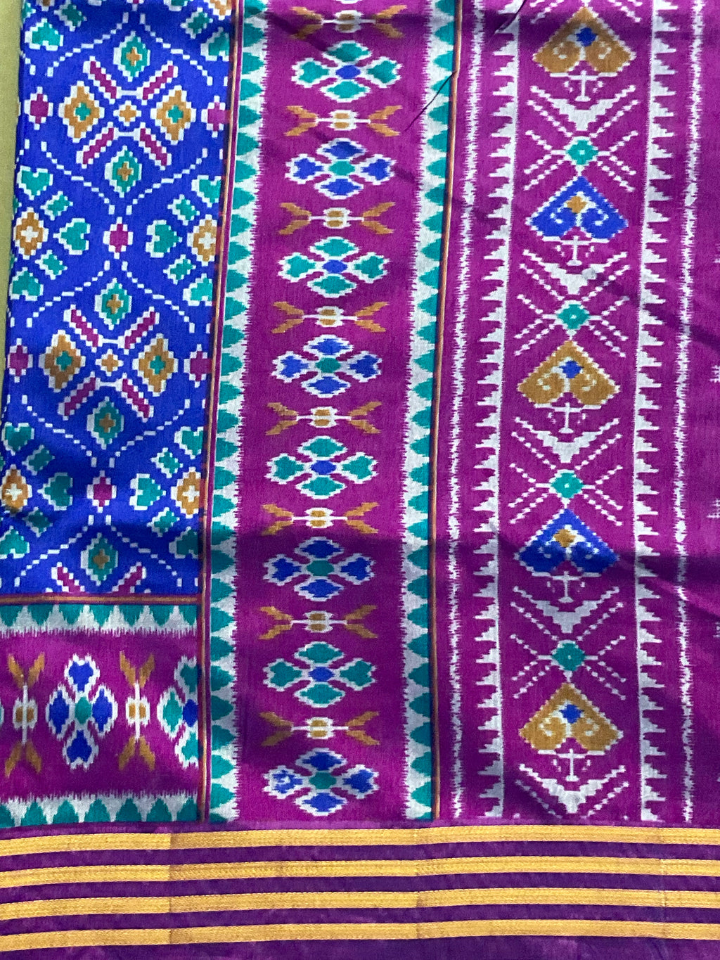 Pochampally Cotton Silk Ikkat Patola Print Saree in Blue with Designer Pink Pallu