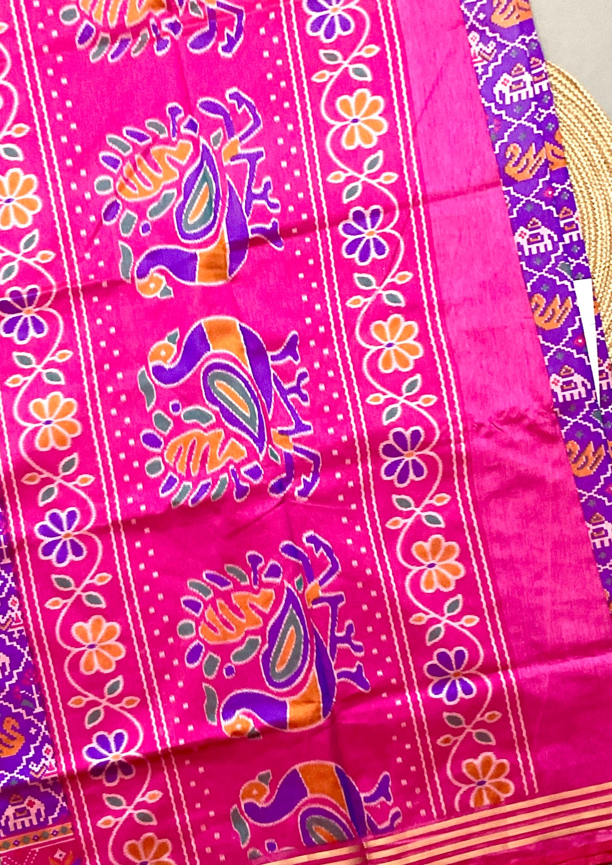 Pochampally Cotton Silk Ikkat Patola Print Saree in Purple with Rani Pink Designer Pallu