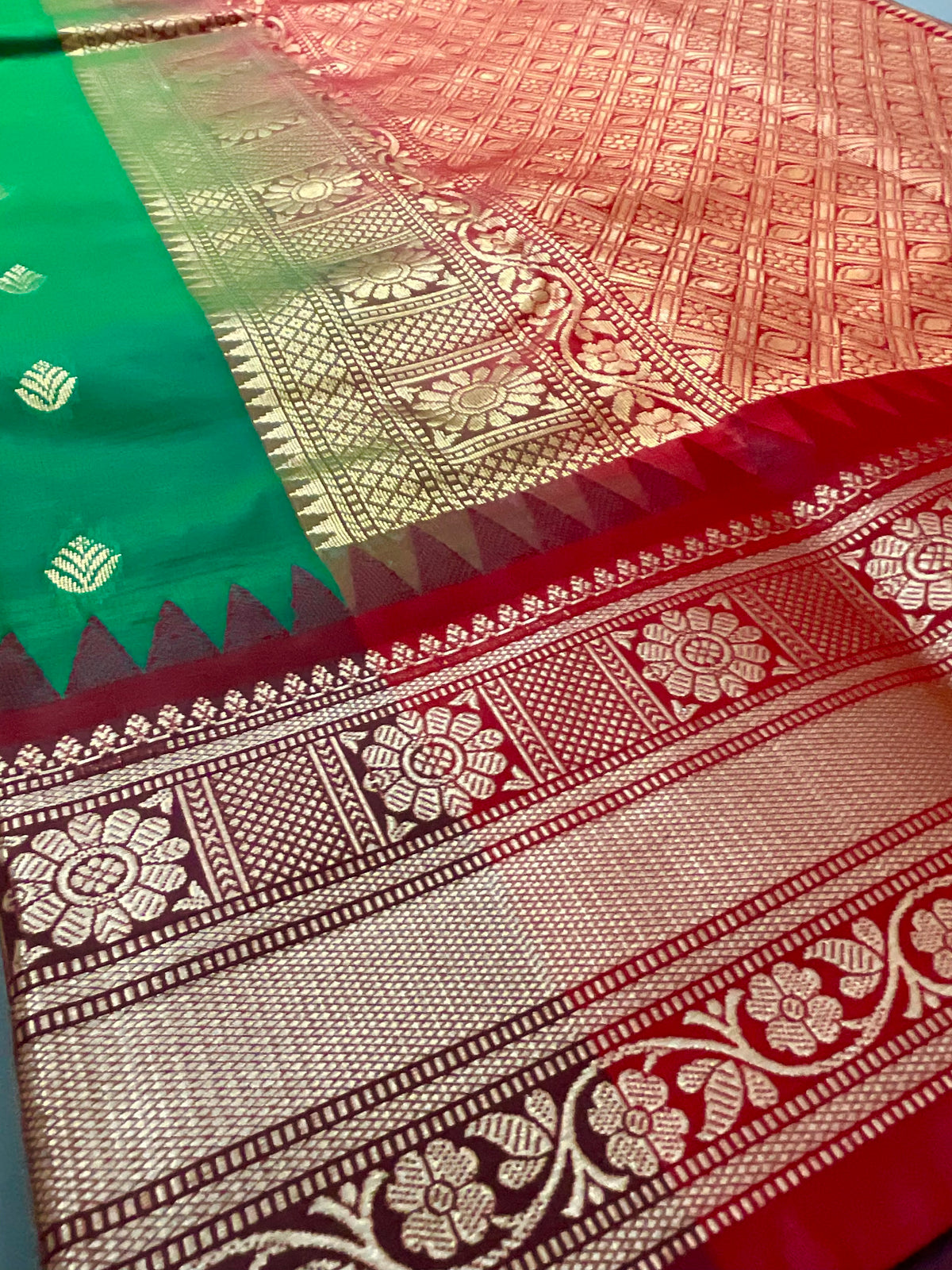 Green Kanchipuram Silk Saree – Red Contrast Pallu & Red Heavy Border with Blouse
