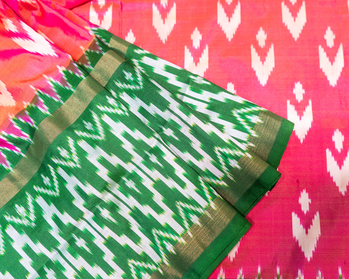 Hot Pink Pochampally Double Ikat Pure Silk Saree — Green Ikat Border & Pallu, Green Zari Blouse