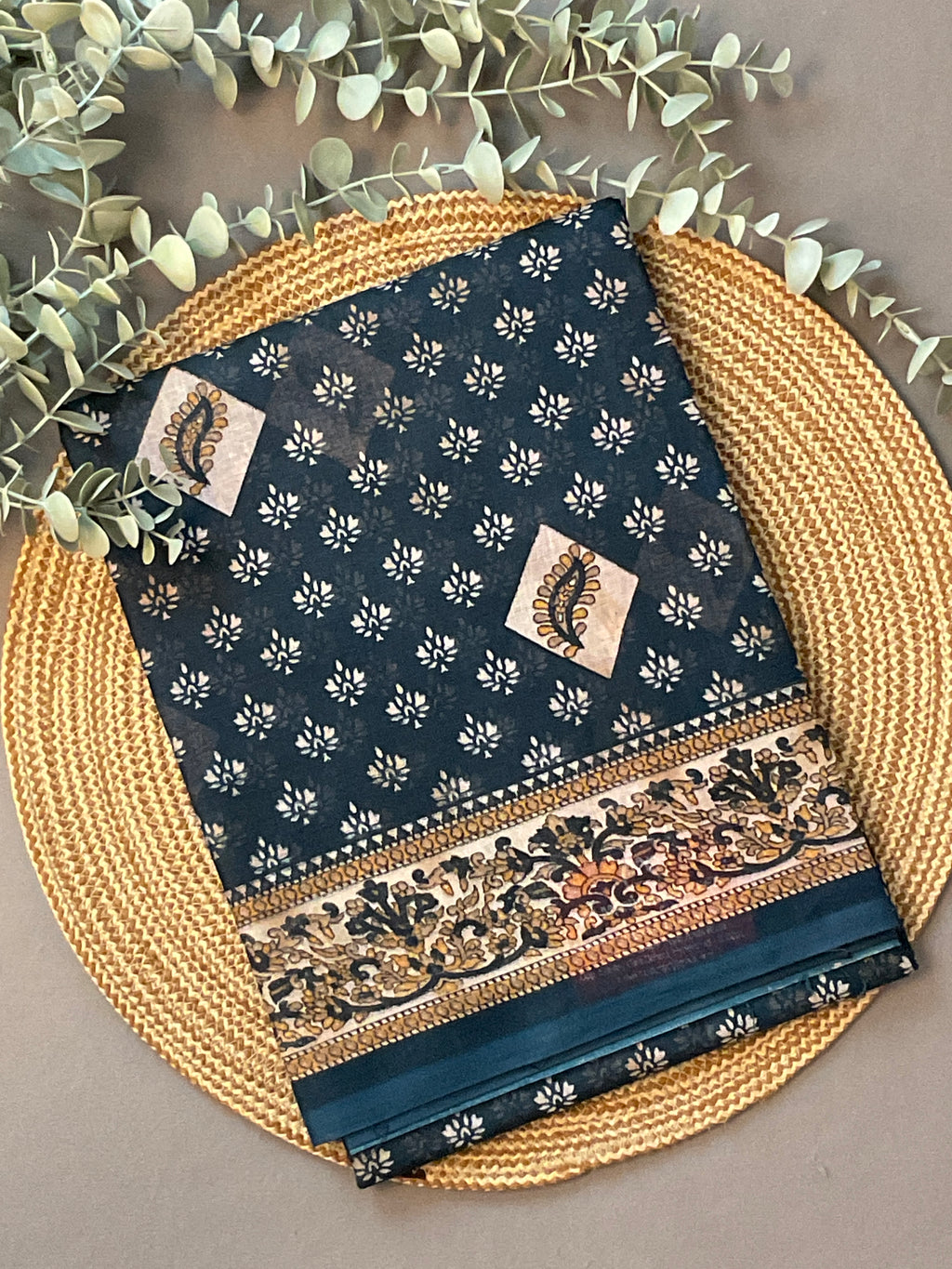 Dark Blue Floral Printed Cotton Saree with Blouse