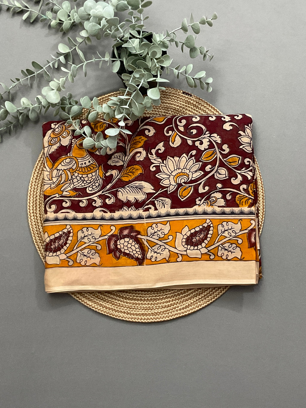 Kalamkari Hand Block Print Mul Cotton Saree – brown | With Blouse Piece