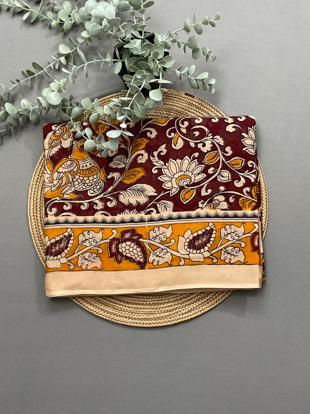 Kalamkari Hand Block Print Mul Cotton Saree – brown | With Blouse Piece