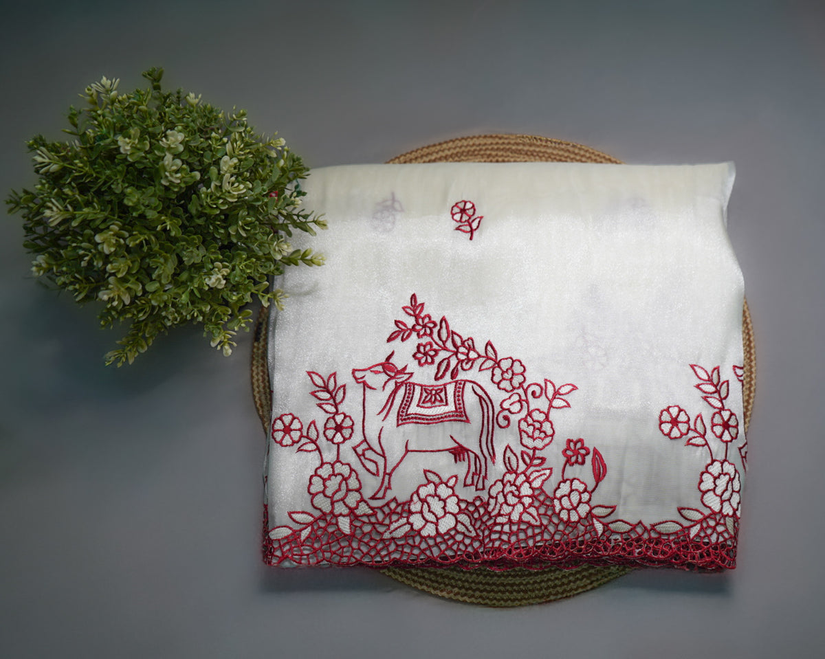 White & Red Pure Tissue Silk Saree – Heavy Animal-Motif Embroidery Designer Saree