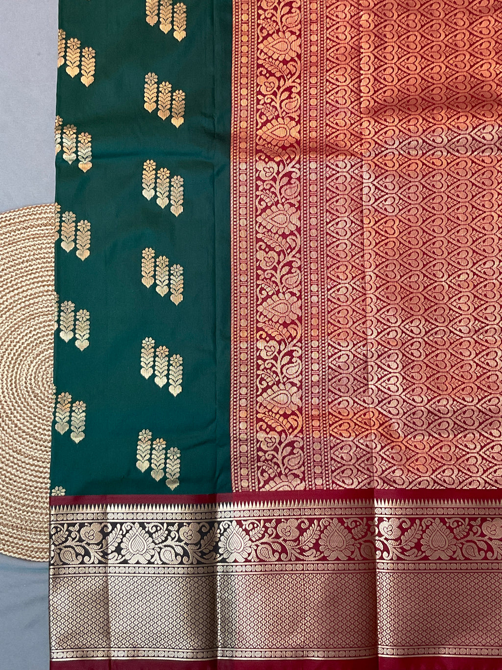 Kanchipuram Pattu Silk Saree in Dark Green with Contrast Pallu & Kanchi Border Blouse