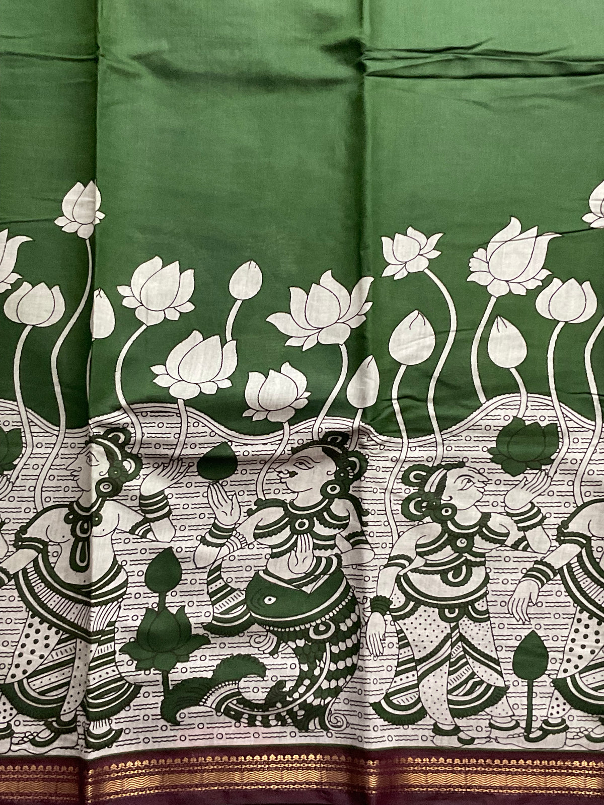 Pedana Kalamkari Hand-Block Soft Silk Saree in Deep Green with Maroon Designer Pallu & Gold Border