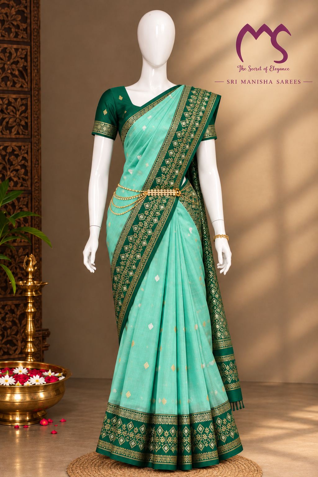 Sea Green Banarasi Handloom Silk Saree with Ikat Border — Dark Green Contrast Pallu & Designer Blouse