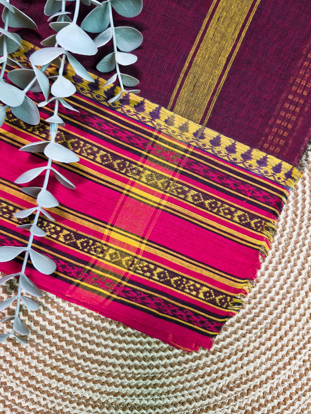 Brown Purple Pochampally Cotton Saree with Pink weaved Border