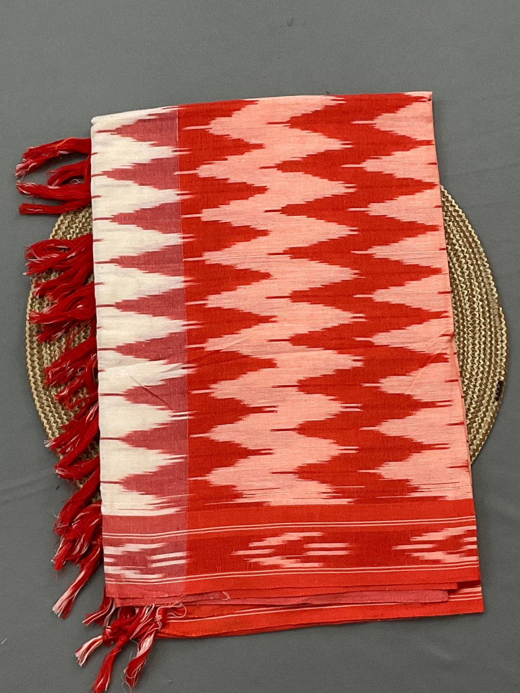 Orange and white Pochampally ikat handloom cotton dupatta