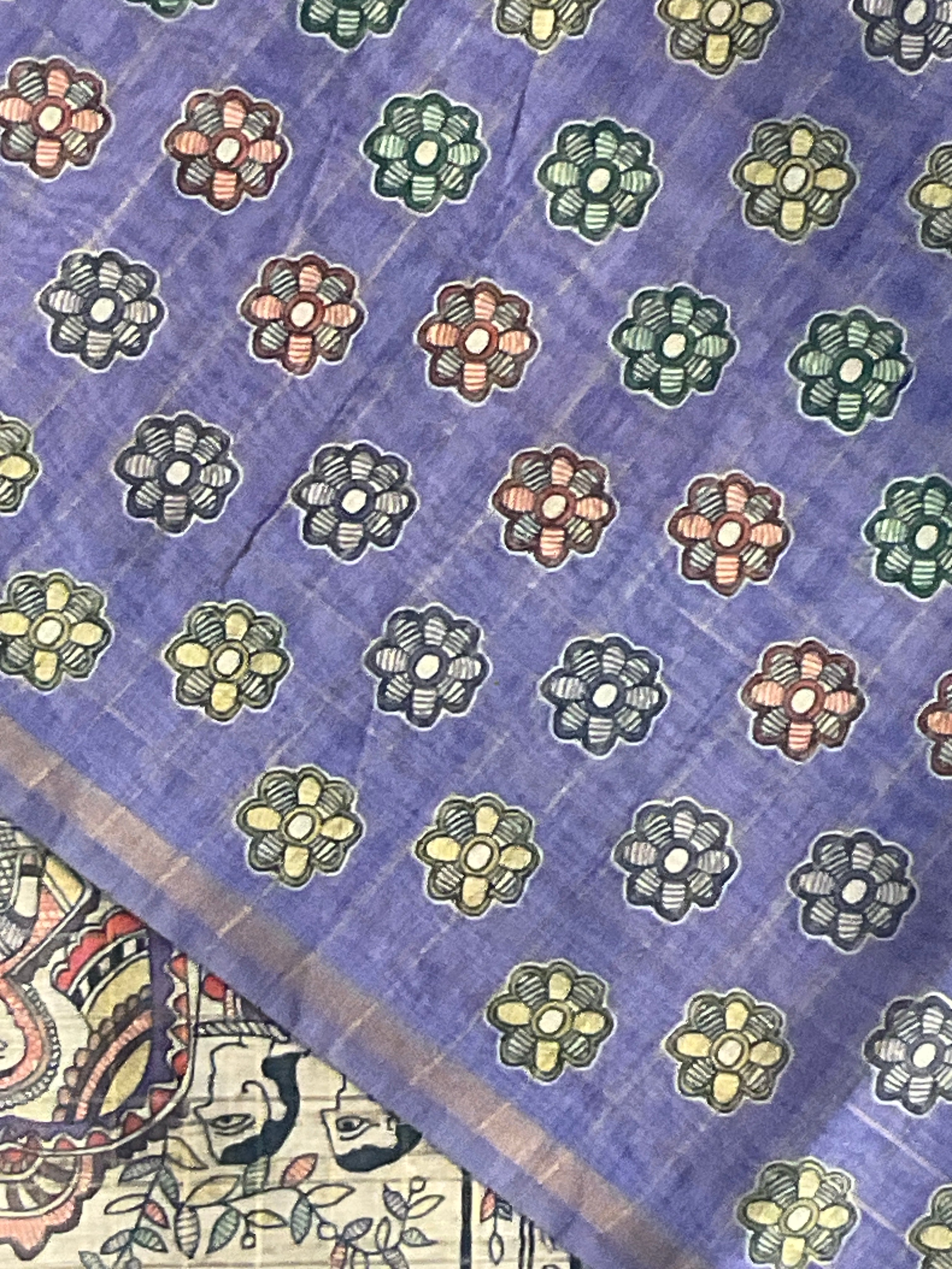 Kalamkari Hand Block Printed Handloom Silk Saree in Purple with Designer Pallu & Blouse