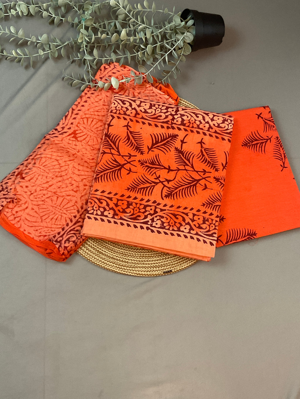 Orange Block Print Dress Material