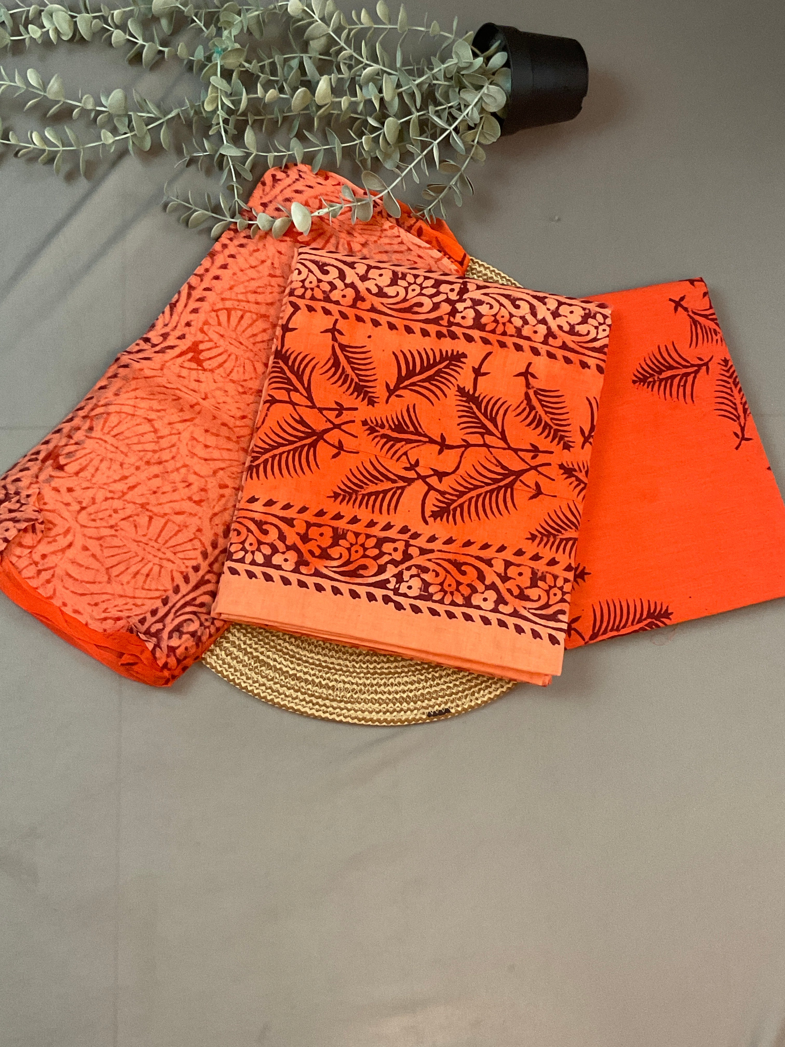 Orange Block Print Dress Material