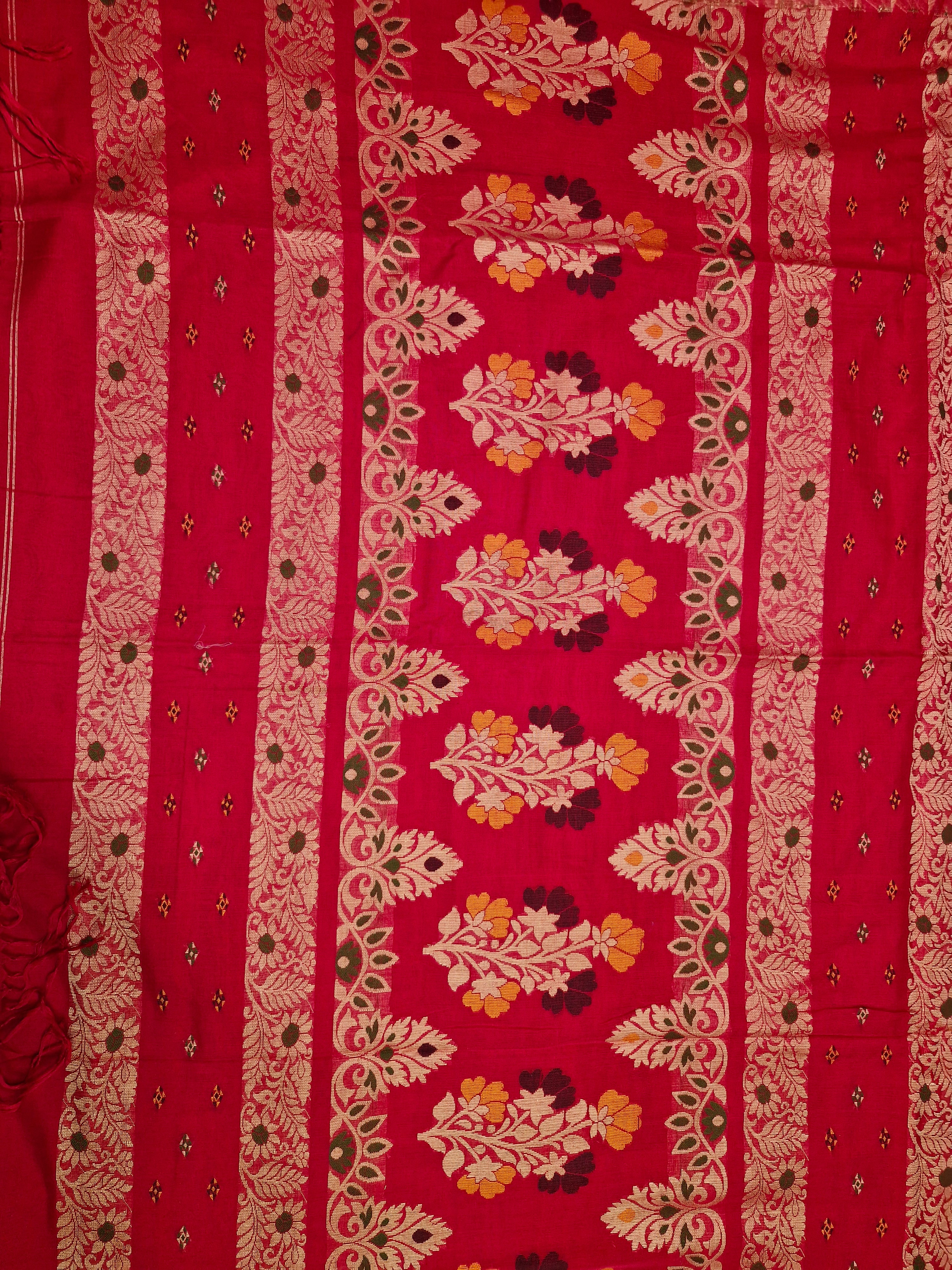 Red Pochampally Ikat Cotton Saree with Gold Zari Border