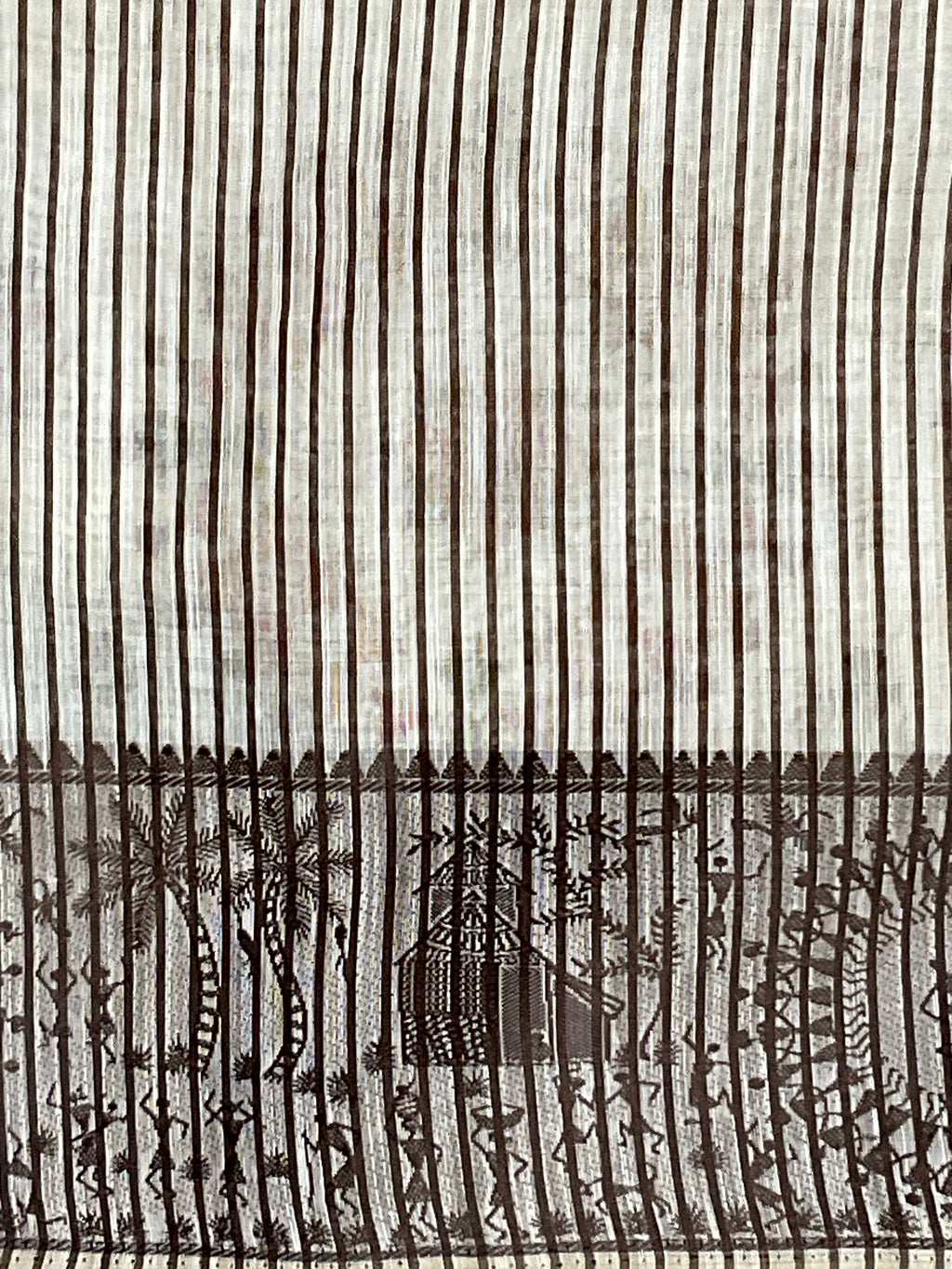 Warli Weaving Border Cotton Linen Saree in Brown with Lined Pallu