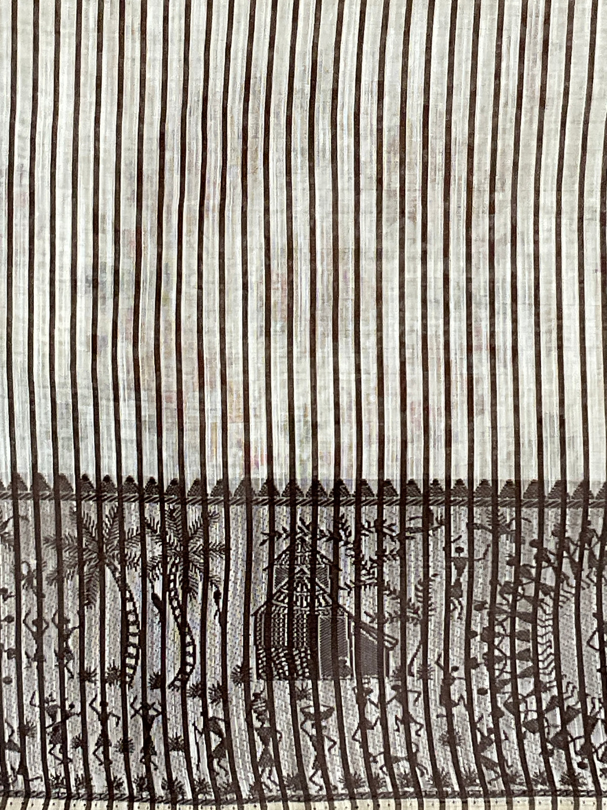 Warli Weaving Border Cotton Linen Saree in Brown with Lined Pallu